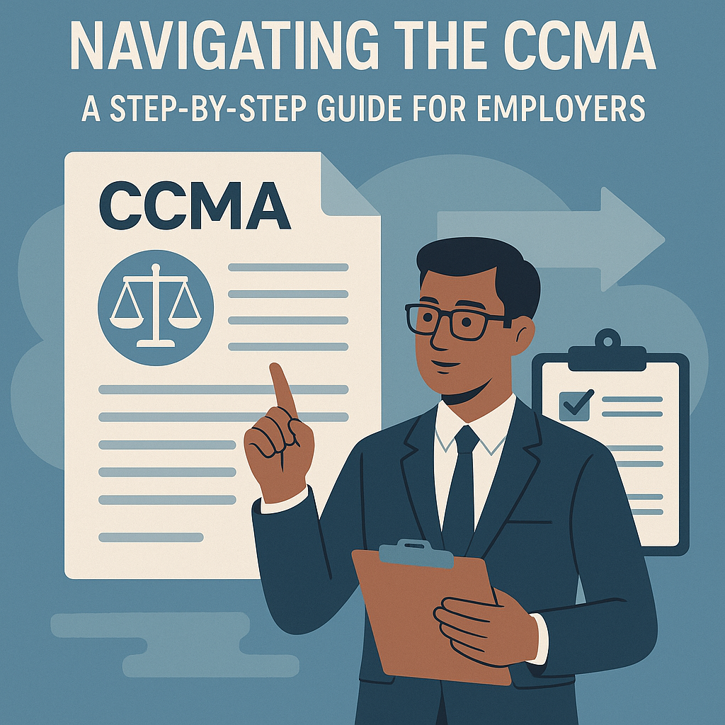 A professional man holding a clipboard stands in front of a large CCMA referral document and checklist, representing a step-by-step guide for employers navigating the CCMA dispute resolution process.